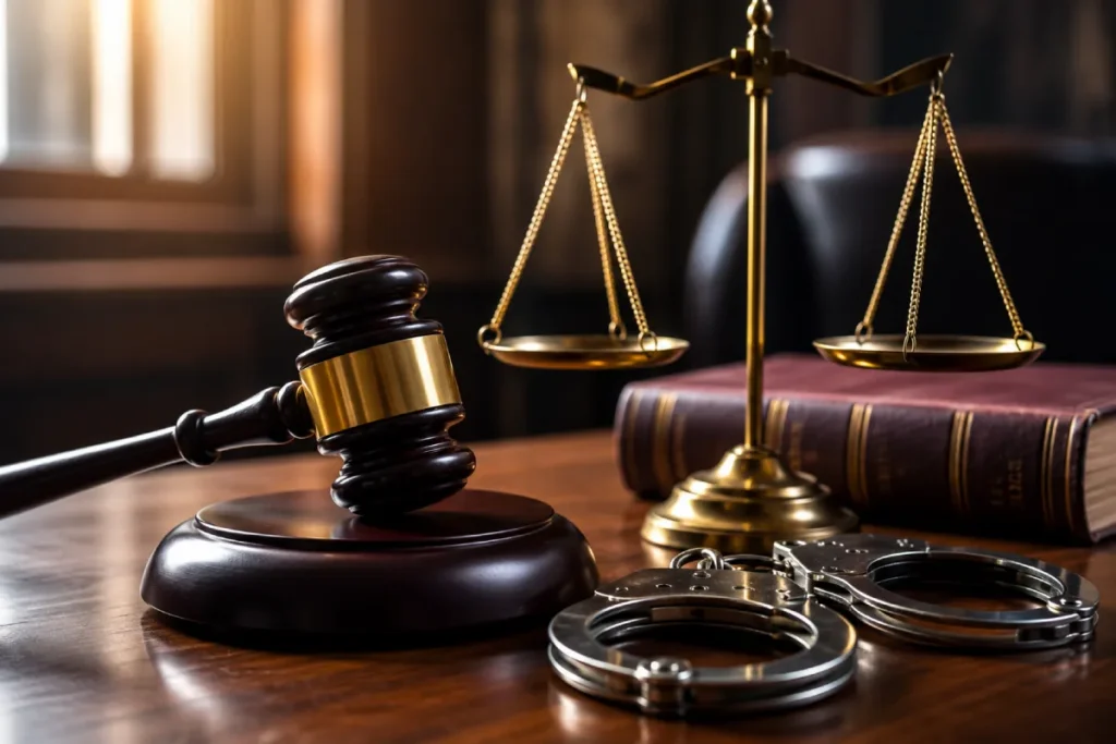 Minnesota misdemeanor vs felony: gavel, justice scales, and handcuffs.