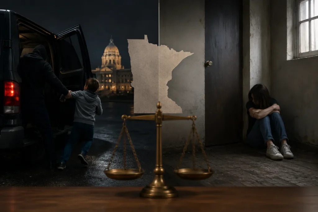 Minnesota kidnapping vs false imprisonment: abductor, confined woman, and justice scales.