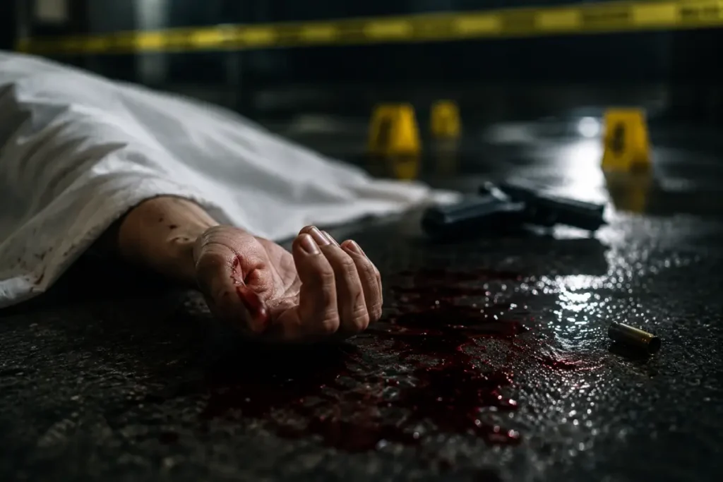 Minnesota murder charges: a victim's bloody hand extending from beneath a white sheet at a crime scene, next to a handgun, a spent shell casing, and yellow police tape.