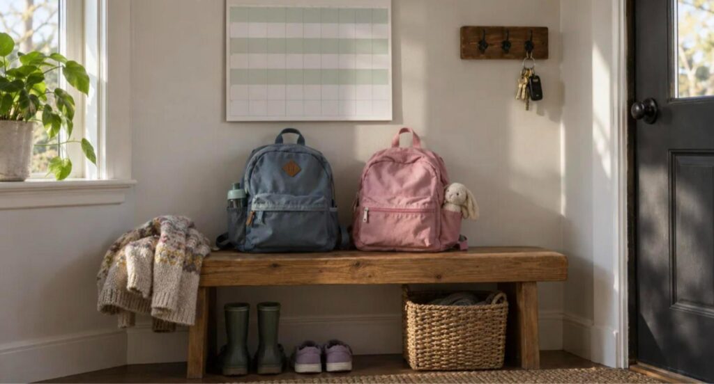 Two children's backpacks on an entry bench below a shaded wall calendar