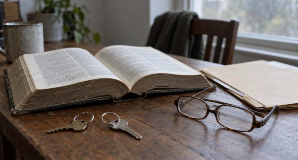 Open statute book on a wooden desk with reading glasses, a manila folder and two house keys