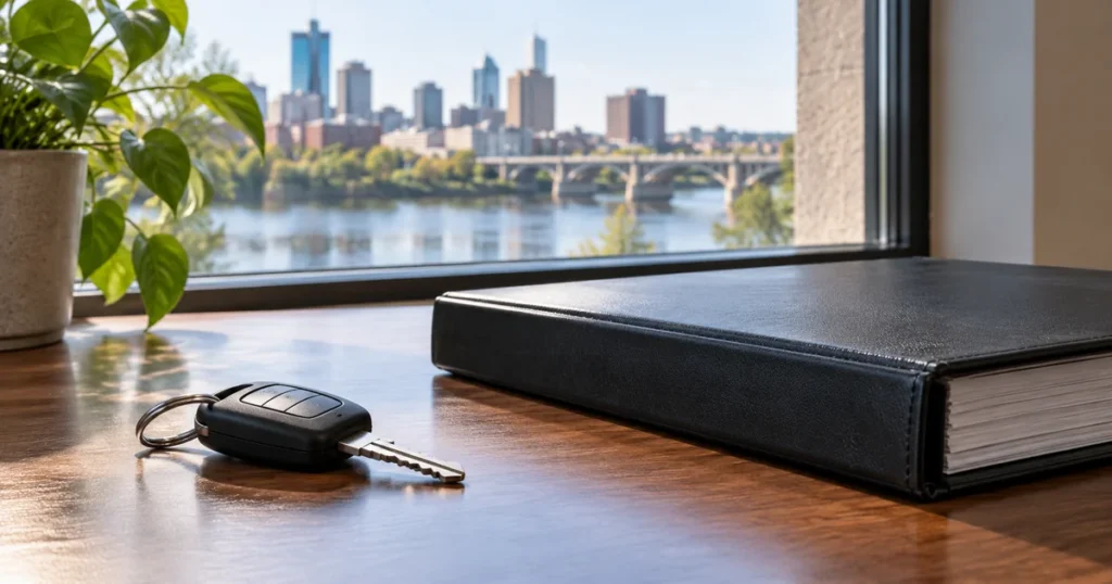 Car key and closed document binder on a wooden desk