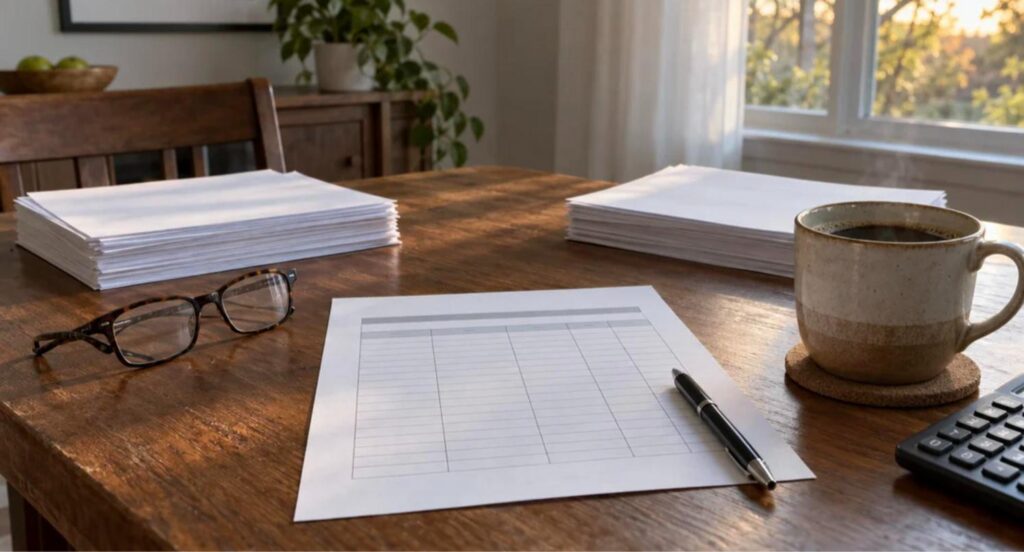 Dining table with two stacks of papers, a blank budget worksheet, reading glasses and coffee