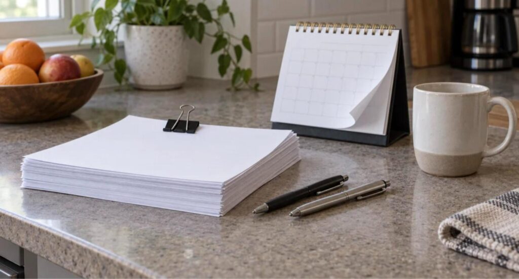 Clipped stack of blank forms, two pens and a desk calendar on a kitchen counter